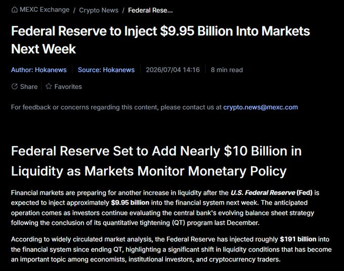 Crypto news article from MEXC Exchange titled 'Federal Reserve to Inject $9.95 Billion Into Markets Next Week', discussing the Fed's anticipated liquidity injection and post-QT monetary policy.