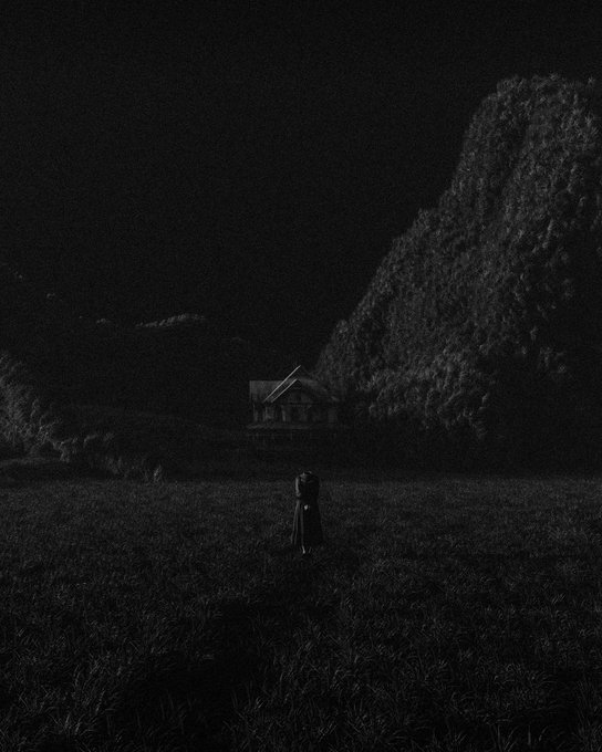 A solitary figure stands in a dark field before a small, dimly lit house nestled at the base of a looming, shadowy hillside, evoking a haunting atmosphere of isolation and quiet plea. The moody, low-light composition visually echoes the caption's haunting cry of "Save me from the darkness," reinforcing its themes of solitude and escape.