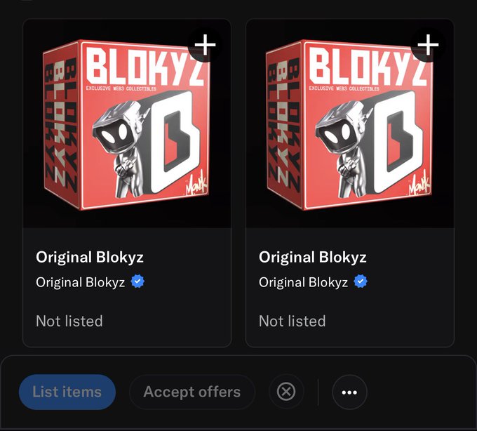The image shows two unlisted "Original Blokyz" NFT collectibles from the Blokyz exclusive collection, with the tweet celebrating the user receiving their Blokyz and entering the raffle.
