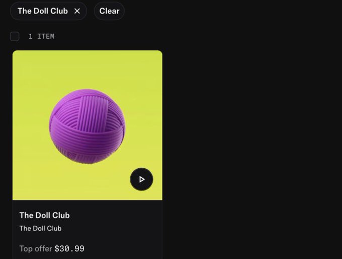 A digital marketplace displaying "The Doll Club" NFT listed with a top offer of $30.99 against a purple yarn-ball design. The seller is refusing to accept offers below 1 ETH, with a reveal and FCFS mint starting the next day.