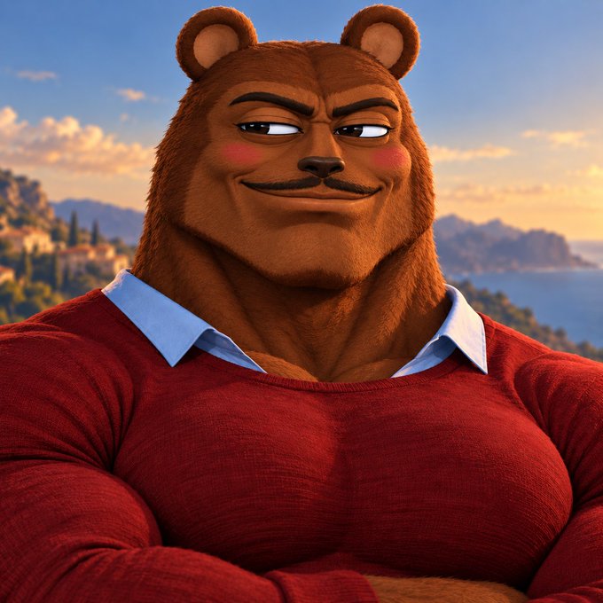 A 3D-animated muscular brown bear character wearing a red sweater over a light blue collared shirt, smirking smugly against a coastal sunset backdrop.