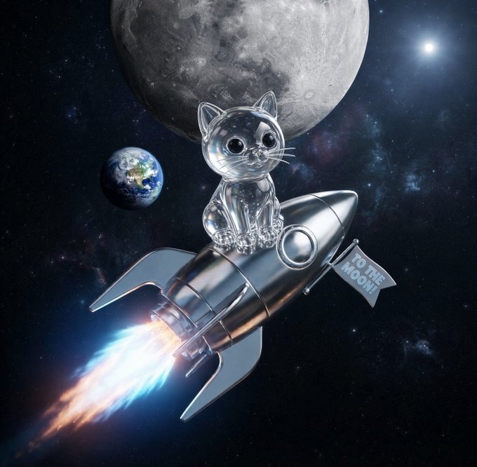 A transparent glass cat rides a rocket through space, soaring toward the moon with a "TO THE MOON!" flag trailing behind, while Earth glimmers in the cosmic background—perfectly capturing the viral crypto meme energy of the $PONCAT token post.