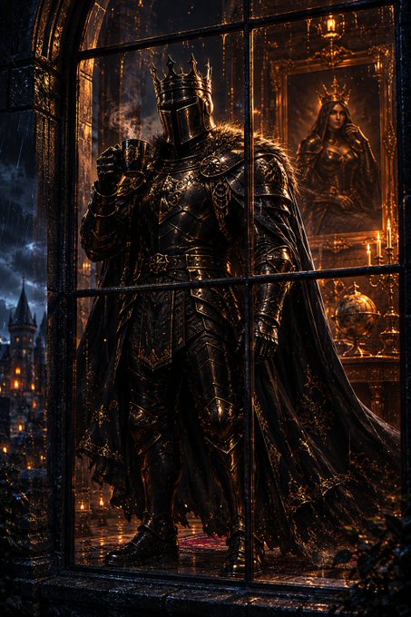 The image features a man dressed as a knight standing in front of a window, holding a cup of coffee. Behind him, there are two paintings depicting women - one with a crown and the other with a woman's dress. The background includes a castle or palace setting, which adds to the medieval theme of the scene.