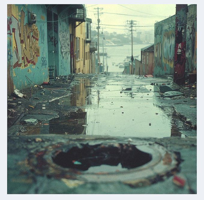 A moody photograph looking down a rain-soaked, graffiti-covered alleyway toward a body of water, with debris scattered along the wet pavement.