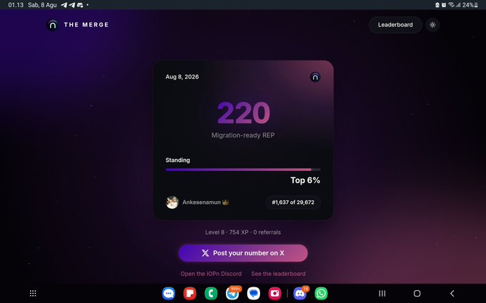 A screenshot from The Merge platform shows a user named "Ankesenanum" with 220 migration-ready REP, ranked #1,637 out of 29,672 (Top 6%), as of August 8, 2026.