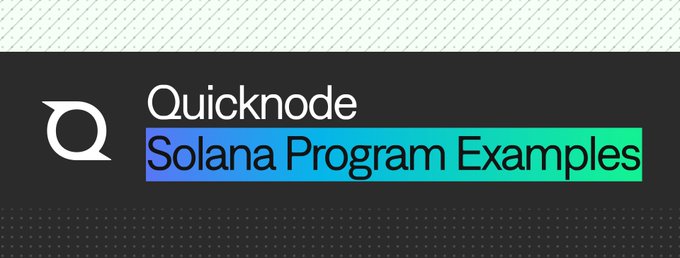 A graphic banner with a black background displaying the Quicknode logo and the text 'Quicknode Solana Program Examples' highlighted with a blue-to-green gradient.