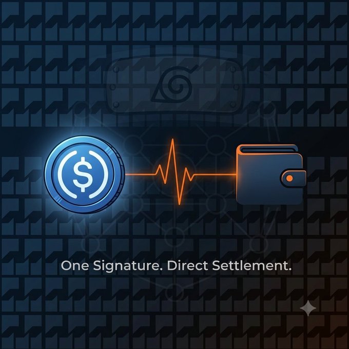 A graphic illustration featuring a glowing blue coin with a dollar symbol connected to an orange wallet by a heartbeat line, with the text 'One Signature. Direct Settlement.' against a dark patterned background.