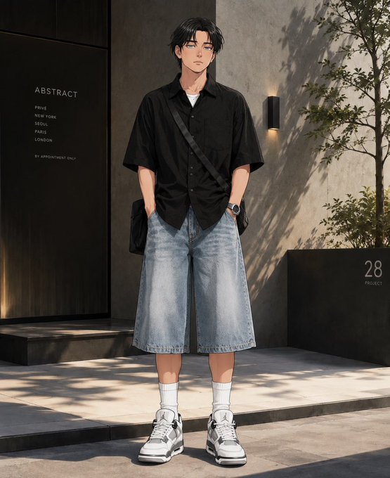 A stylishly dressed anime-style young man poses outside a minimalist storefront labeled "ABSTRACT" with a city list (Paris, New York, Seoul, Paris, London) and "BY APPOINTMENT ONLY," while a nearby sign reads "28 PROJECT." The caption "gn CT we go again tomorrow" suggests a casual goodnight post, with the image conveying a calm, end-of-day urban aesthetic that complements the relaxed sign-off.