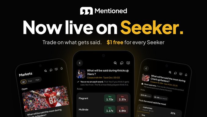 Advertisement for Mentioned app on Seeker with text 'Now live on Seeker. Trade on what gets said. $1 free for every Seeker' displayed over three smartphone screenshots showing betting markets on sports comments.