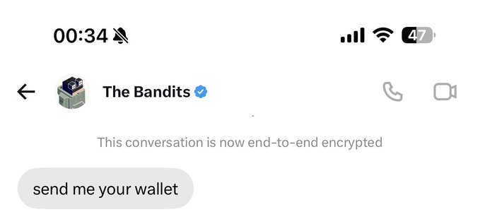 A WhatsApp chat from a verified contact named "The Bandits" displays the message "send me your wallet," a common prompt from scammers attempting to steal cryptocurrency. The image relates to the post claiming a win and upcoming mint, likely suggesting the poster received a similar fraudulent message after claiming their prize.