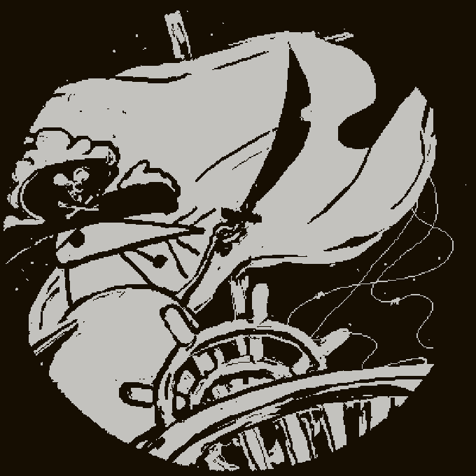 A high-contrast black and white ink-style illustration depicting a ship with billowing sails and a smoking smokestack navigating stormy waters.