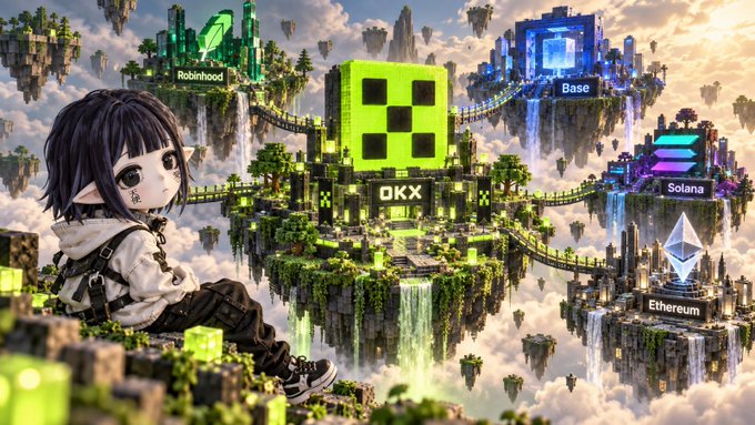 An anime-style illustration showing a character overlooking floating islands in the sky representing various crypto platforms, including Robinhood, OKX, Base, Solana, and Ethereum.