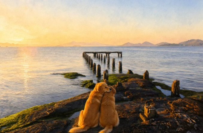 A serene sunset scene featuring two golden retriever dogs sitting on a rocky, moss-covered shore, gazing out at a calm body of water with wooden pier pilings extending into the distance and mountains on the horizon.