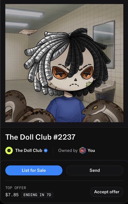 A screenshot of an NFT listing page titled "The Doll Club #2237" showing a cartoon character with dreadlocks in a bathroom setting with snakes, listed for sale with a top offer of $7.85.