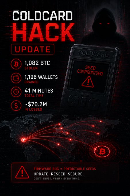 The image is a red and black "Coldcard Hack Update" alert featuring a shadowy hooded figure, the hardware wallet device, and key statistics: 1,082 BTC stolen from 1,196 wallets, with $70.2M in losses, attributing the attack to a firmware bug causing predictable seeds. These figures align with the post's Galaxy Research analysis showing the hack's scale is nearly double initial estimates.