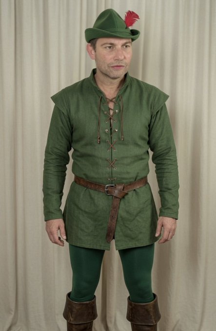 A man models a green medieval-style Robin Hood costume, complete with a feathered hat, laced-up tunic, brown belt, green tights, and brown boots.