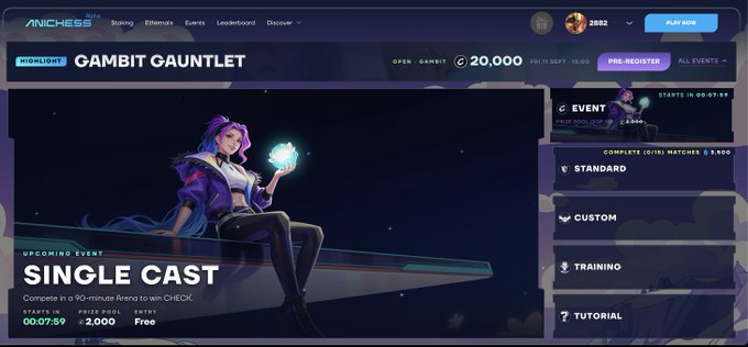 A screenshot of the ANICHESS gaming website showing the 'GAMBIT GAUNTLET' event page with an upcoming 'SINGLE CAST' event featuring a purple-haired anime character, prize pool of 2,000, and 2,802 user coins.