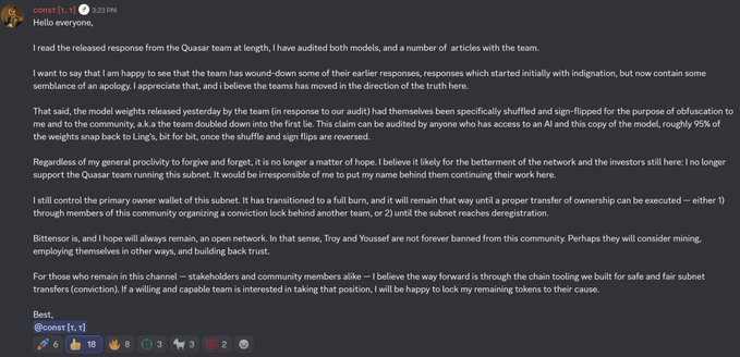 Discord message from user const (1.) regarding an audit of Quasar subnet models, discussing how model weights were shuffled/sign-flipped for obfuscation, with 95% of weights snapping back to Ling's bit for bit, and resignation from supporting the Quasar team.