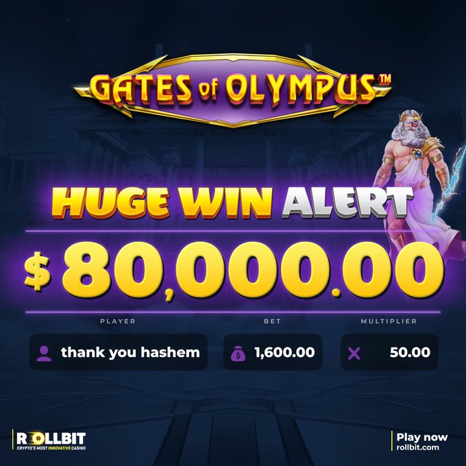 A promotional advertisement for the 'Gates of Olympus' slot game shows a 'Huge Win Alert' of $80,000.00 for player 'thank you hashem' with a bet of 1,600.00 and multiplier of 50.00, featuring the Rollbit casino logo.