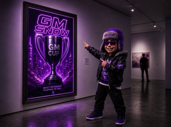 A digitally rendered image of a person in a purple fur hat and jacket pointing at a glowing purple 'GM SNOW CUP' poster in a gallery setting.