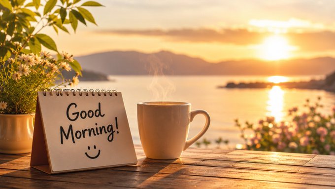 A warm sunrise scene over water with a steaming coffee mug, a 'Good Morning!' notepad with a smiley face, white daisies, and pink flowers on a wooden table.