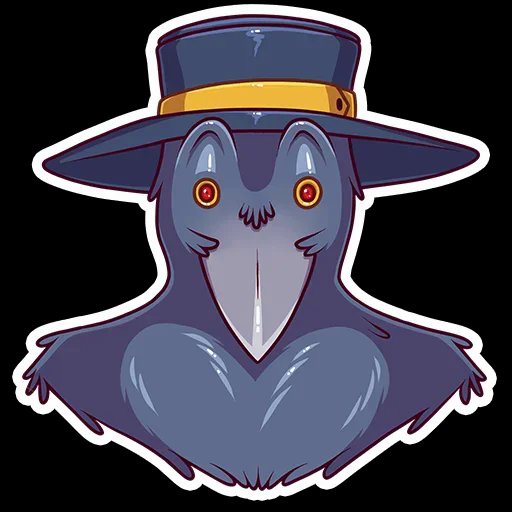 A cartoon-style illustration of a dark purple bird-like creature with a long pointed beak, glowing orange eyes, and a wide-brimmed dark blue hat with a yellow band, set against a black background.