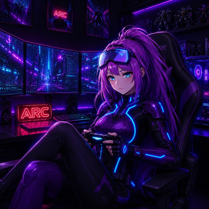 An anime-style illustration of a purple-haired girl in a futuristic neon-lit gaming setup, wearing a black suit with glowing blue accents, holding a game controller in front of triple monitors displaying cyberpunk cityscapes and 'ARC' neon signs.