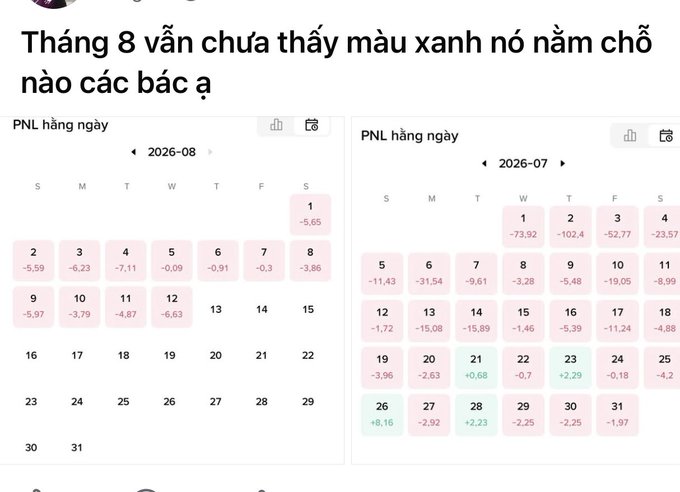 A trading performance calendar (PNL hàng ngày) showing daily profits/losses for July and August 2026 in Vietnamese, with most days showing red losses.