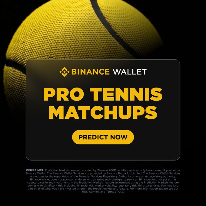A promotional advertisement for Binance Wallet's "Pro Tennis Matchups" prediction markets, featuring a yellow tennis ball against a black background with a yellow "Predict Now" call-to-action button and a disclaimer noting that Prediction Markets are not provided by Binance ADGM entities and involve significant risk.