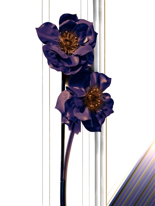 Two deep indigo-purple metallic flowers with copper-gold centers are mounted on a vertical rod against a backdrop of white and pale lavender lines, embodying the "Indigo Glow" artwork in its edition of 8 of 9. The flower-like sculpture's rich, luminous petals and warm metallic cores visually echo the indigo hues mentioned in the post.