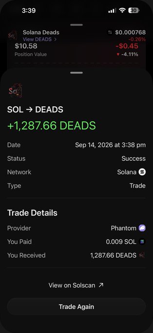 A mobile screenshot of a successful cryptocurrency trade, showing an exchange of 0.009 SOL for 1,287.66 DEADS via the Phantom wallet, timestamped Sep 14, 2026.