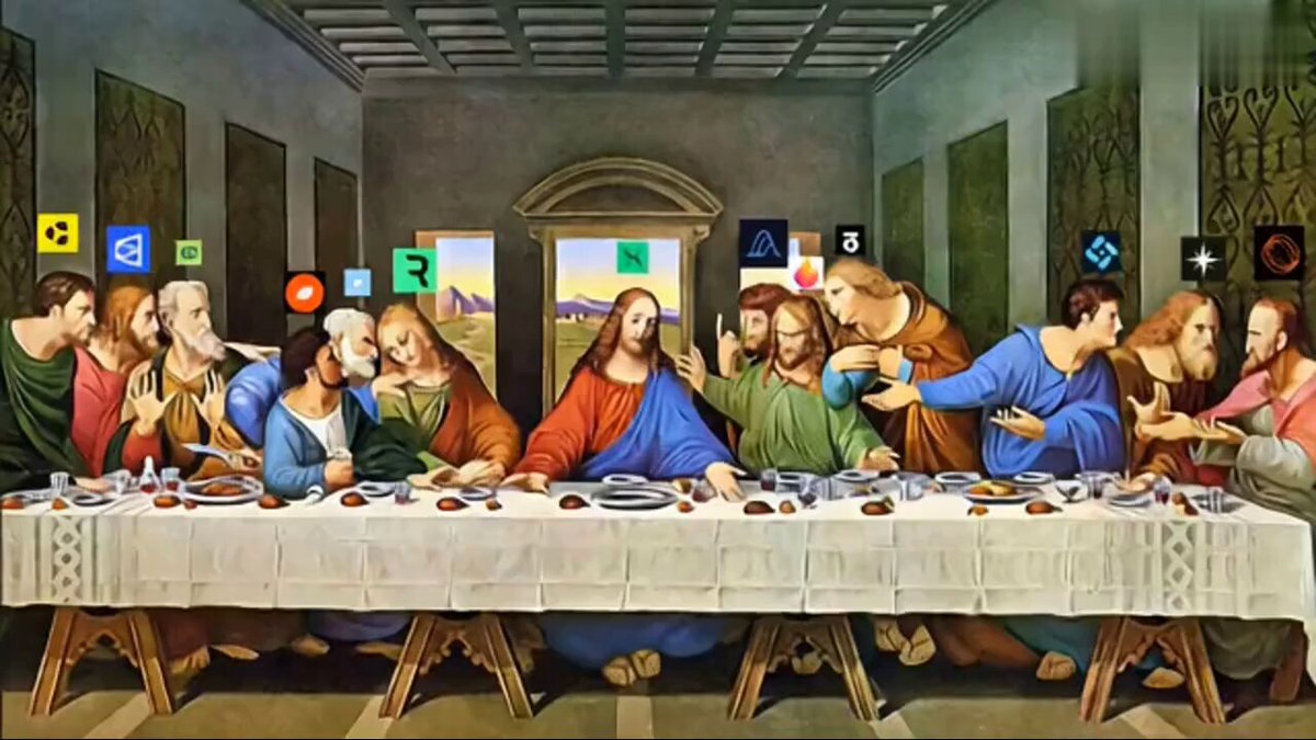 The image features a painting of Jesus Christ sitting at a long table with his disciples, surrounded by various objects such as wine glasses, bowls, and spoons. The painting depicts a scene from the Bible where Jesus is seen eating with his followers. The painting also includes several text elements that provide information about the post or the artist's intentions behind it.