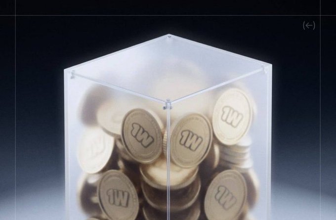 A clear acrylic box filled with gold-colored tokens or coins, each marked with '1W', sits against a dark background.