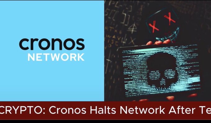 The image shows a "Cronos Network" branded graphic on the left alongside a cybersecurity-themed image of a hooded figure in front of code with red X marks, while the headline reads "CRYPTO: Cronos Halts Network After Te..."—visually reinforcing the post's criticism of Cronos Network's poor communication and prolonged silence following the TectonicFi exploit, highlighting concerns about security vulnerabilities and lack of transparency.
