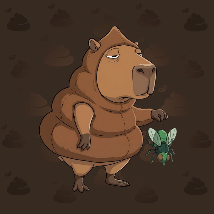 A cartoon illustration of a brown bear standing and holding a green fly by a string, with a pattern of poop emojis in the dark background.