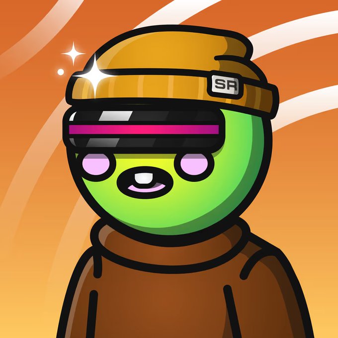 A cartoon green bear character wearing a brown beanie with 'SF' text and pink VR-style goggles, set against an orange swirling background.