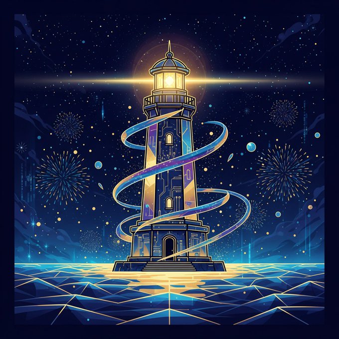 A vibrant digital illustration of a glowing lighthouse at night, surrounded by fireworks, stars, and swirling blue and gold ribbons over geometric water patterns.