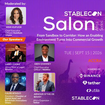 A promotional graphic for 'StableCon Salon: From Sandbox to Corridor: How an Enabling Environment Turns Into Commercial Growth,' moderated by Mimi Kufuor and featuring speakers Larry Cooke, Eben Ghanney, Caleb Afolabi, and Arnoud D'yve De Baya, scheduled for September 15, 2026.