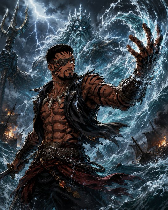 A dramatic fantasy illustration depicts a muscular, tattooed warrior with an eye patch conjuring a swirling tidal wave, with a giant trident-wielding sea god looming in the stormy background amid burning ships.