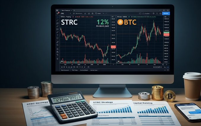 A desk scene featuring a monitor displaying trading charts for STRC and BTC (showing a 12% dividend yield for STRC), accompanied by stacks of coins, a calculator, coffee, and documents labeled 'STRC Strategy' and 'Capital Raising'.