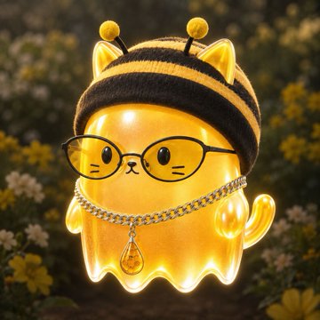 A cute, glowing yellow cat figurine wearing a striped bee-like hat, sunglasses, and a chain necklace with a teardrop pendant, set against a background of yellow flowers.