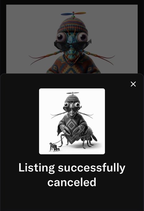 A screenshot showing a creature NFT listing cancellation confirmation: 'Listing successfully canceled', featuring a colorful character with a propeller hat and sunglasses above a black and white version of the same creature.