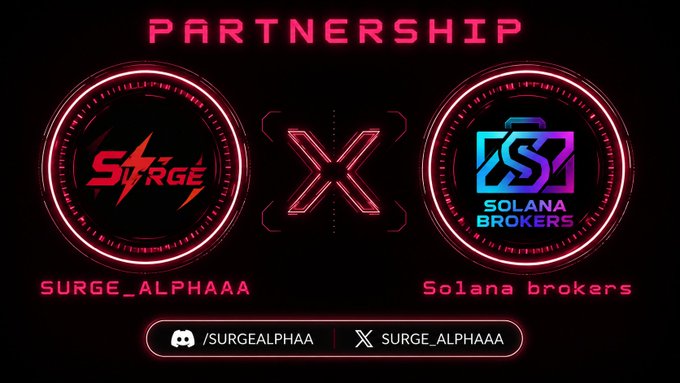 A neon-styled 'PARTNERSHIP' announcement graphic between 'SURGE_ALPHAAA' and 'Solana brokers' with Discord and X/Twitter handles displayed.