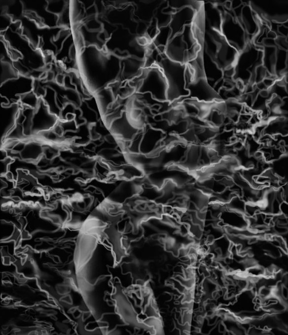 An abstract black and white image featuring swirling, textured patterns overlaid on a faint, ghostly human figure.