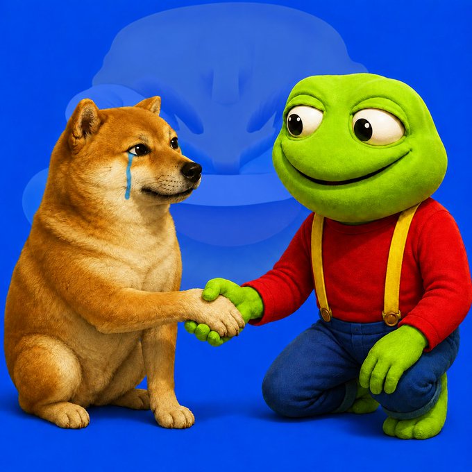 A digital illustration showing the Doge Shiba Inu meme character shaking hands with a green Pepe the Frog character wearing a red shirt and suspenders, set against a blue background with a faint Doge silhouette.