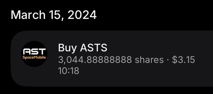 A notification dated March 15, 2024 shows a purchase of 3,044.88888888 shares of ASTS (AST SpaceMobile) at $3.15 at 10:18, illustrating the early accumulation of the stock referenced in the post.