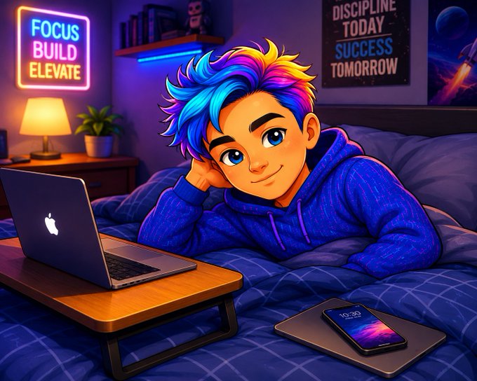 A stylized animated illustration of a young person with rainbow-colored spiky hair wearing a blue hoodie, lying on a bed with a MacBook, in a neon-lit room with motivational posters reading 'FOCUS BUILD ELEVATE' and 'DISCIPLINE TODAY SUCCESS TOMORROW.'