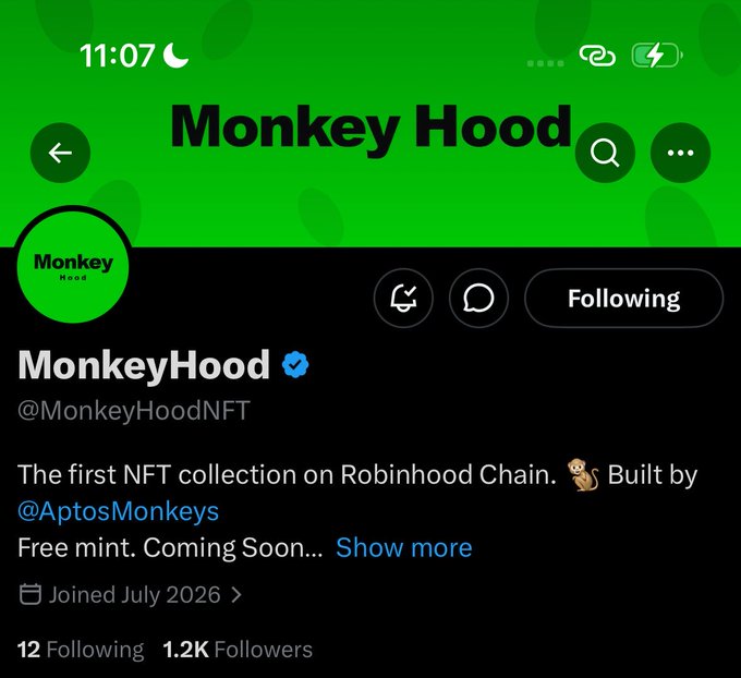 A Twitter/X profile page for MonkeyHood (@MonkeyHoodNFT), described as 'The first NFT collection on Robinhood Chain,' built by @AptosMonkeys with 1.2K followers and joined in July 2026.