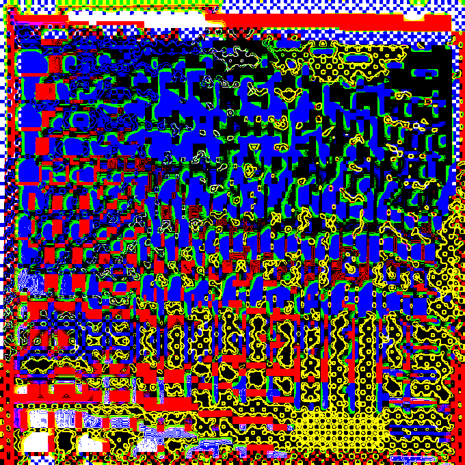 The image features a vibrant abstract art piece with a variety of colors including blue, red, yellow, green, black, white, and gray. The artwork appears to be a digital painting or mosaic, possibly created using a computer program like Photoshop. The background is composed of small squares filled with different colors, creating an intricate pattern that adds depth and complexity to the piece. The image also contains text elements such as "Today'S Rug" and "teia.art/objkt/880885 ipfs.io/ipfs/QmTGSFqbu ... | 10240×10240 px".