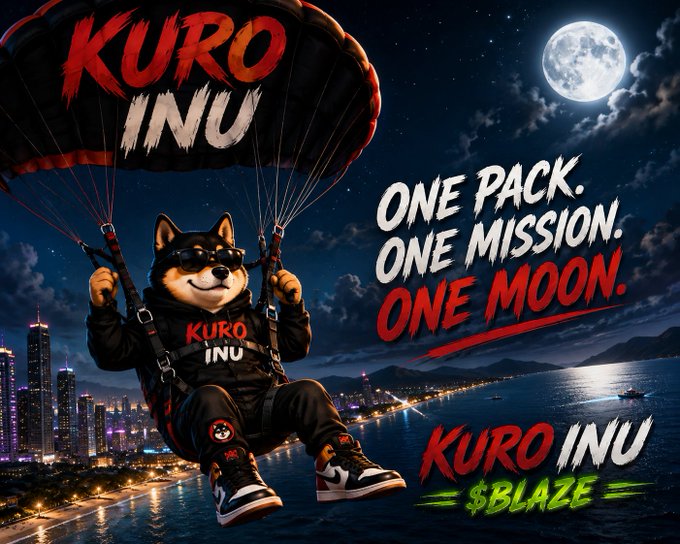 Promotional artwork for 'KURO INU' cryptocurrency featuring a Shiba Inu dog parachuting over a coastal city at night, with the tagline 'ONE PACK. ONE MISSION. ONE MOON.' and 'KURO INU = $BLAZE'.